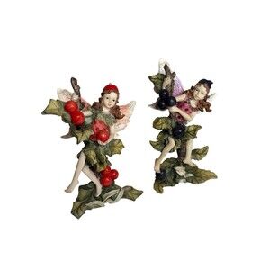 Set 2 Fairy Figurines Resin Garden Woodland Pixie Girl Grapes Berries Decor